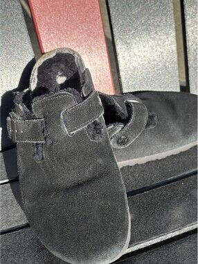 Birkenstock Boston Shearling Clogs Black Suede Fur Lined Womens Size 39 / US 8